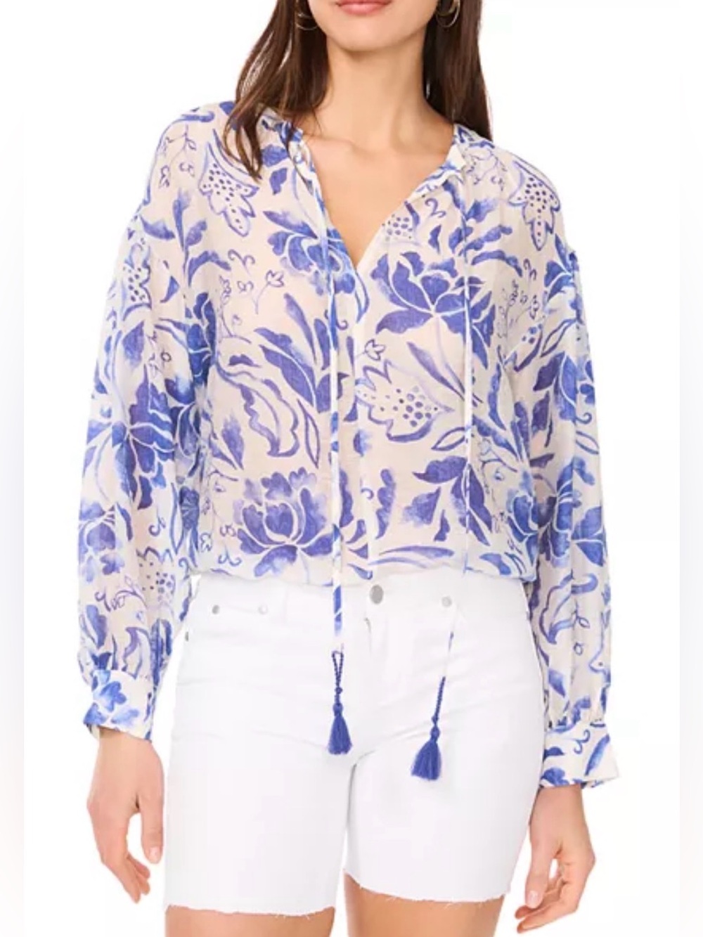 NWOT Vince Camuto Oversize Peasant Top Blouse with Tassel Tie Size M
